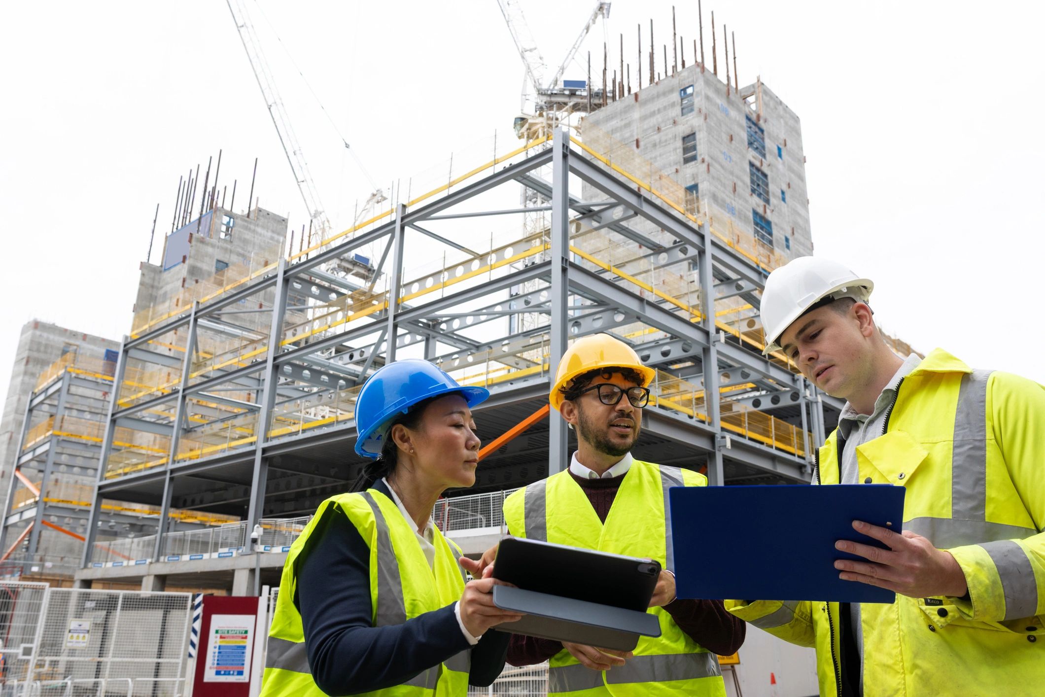 Construction professionals coordinating industrial site work